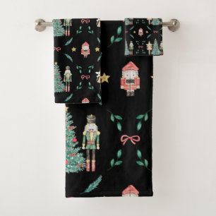 Christmas Nutcracker Soldiers & Fairies on Black Bath Towel Set