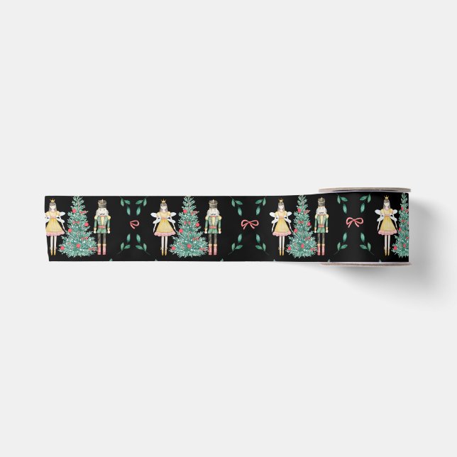 Christmas Nutcracker Soldiers & Fairies on Black  Satin Ribbon (Front)