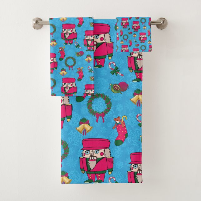 Christmas Nutcracker toy,Blue snowflake pattern Bath Towel Set (Insitu)