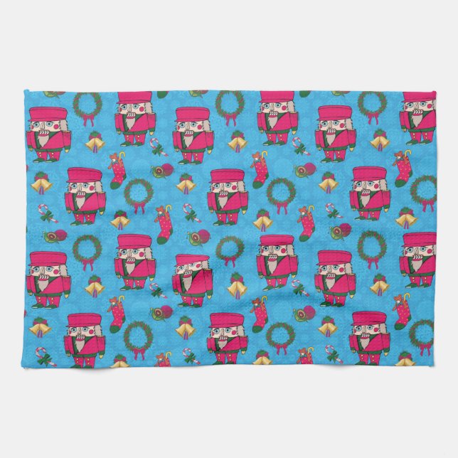 Christmas Nutcracker toy,Blue snowflake pattern Kitchen Towel (Horizontal)