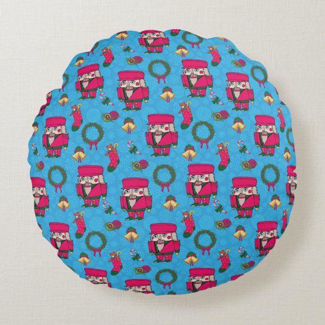 Christmas Nutcracker toy,Blue snowflake pattern Round Pillow (Front)
