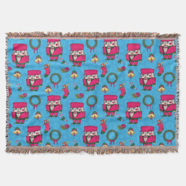 Christmas Nutcracker toy,Blue snowflake pattern Throw Blanket (Front)