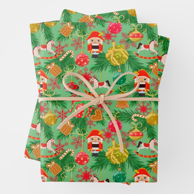 Christmas  Nutcracker Toy Soldiers Rocking Horse Wrapping Paper Sheet (In situ)