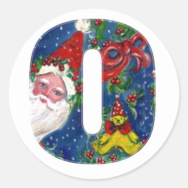CHRISTMAS O LETTER / SANTA CLAUS WITH RED RIBBON CLASSIC ROUND STICKER (Front)