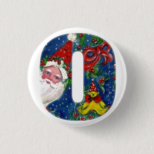CHRISTMAS O LETTER / SANTA   RED RIBBON MONOGRAM 1 INCH ROUND BUTTON (Front)