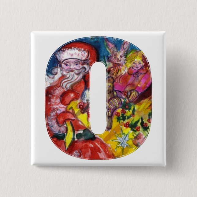 CHRISTMAS O LETTER  / SANTA  WITH GIFTS MONOGRAM 2 INCH SQUARE BUTTON (Front)