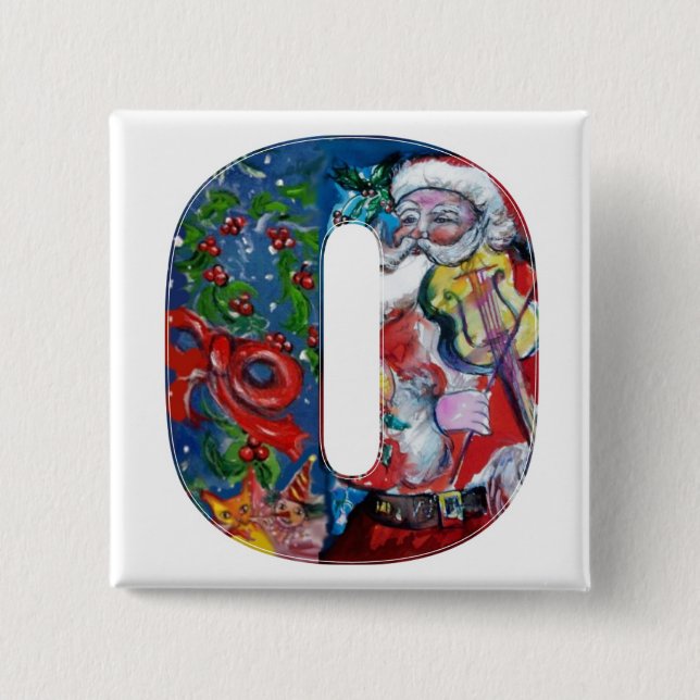 CHRISTMAS O LETTER / SANTA  WITH VIOLIN MONOGRAM 2 INCH SQUARE BUTTON (Front)