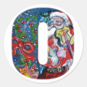 CHRISTMAS O LETTER  / SANTA WITH VIOLIN MONOGRAM CLASSIC ROUND STICKER