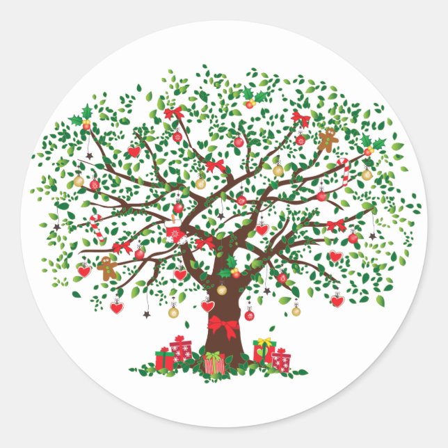 Christmas Oak Tree with Presents Classic Round Sticker (Front)