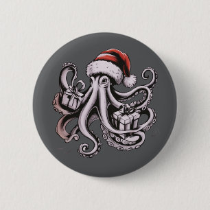 Christmas Octopus Holiday Santa Hat Xmas 2 Inch Round Button