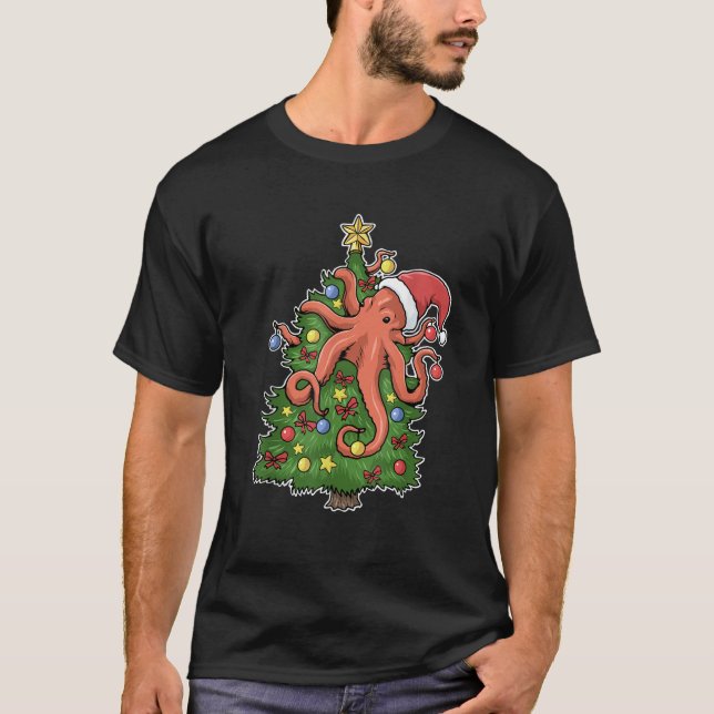 Christmas Octopus Kraken Squid Merry Christmas Tre T-Shirt (Front)