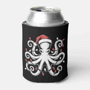 Christmas Octopus Santa Hat Lights Xmas Holiday Can Cooler