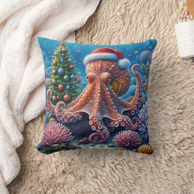 Christmas Octopus Wearing a Santa Hat Throw Pillow (Blanket)