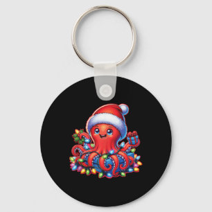 Christmas Octopus With Santa Hat And Holiday Light Keychain