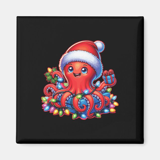 Christmas Octopus With Santa Hat And Holiday Light Magnet