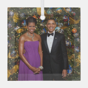 Christmas of President Barack Obama and Michelle Glass Ornament