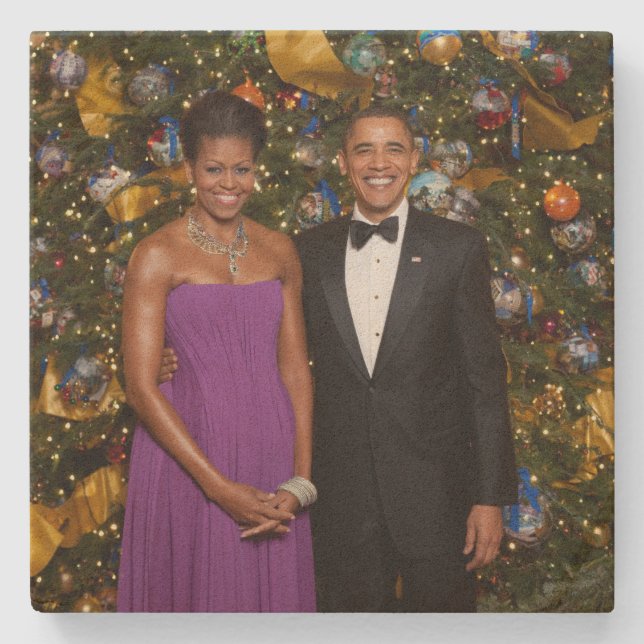 Christmas of President Barack Obama and Michelle Stone Coaster (Front)