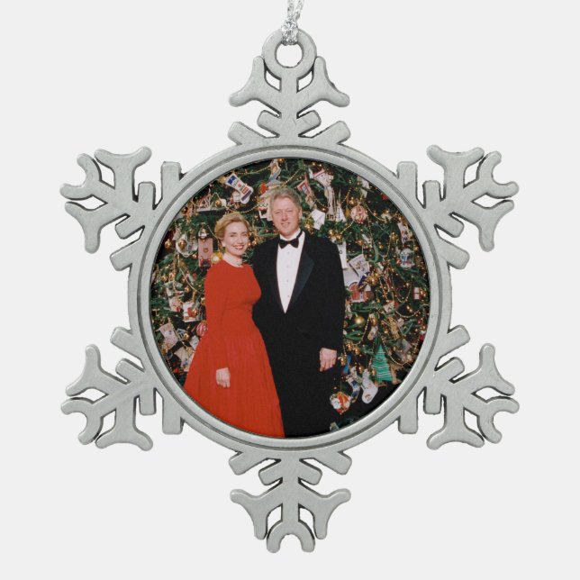 Christmas of US President Bill Clinton & Hillary  Snowflake Pewter Christmas Ornament (Front)