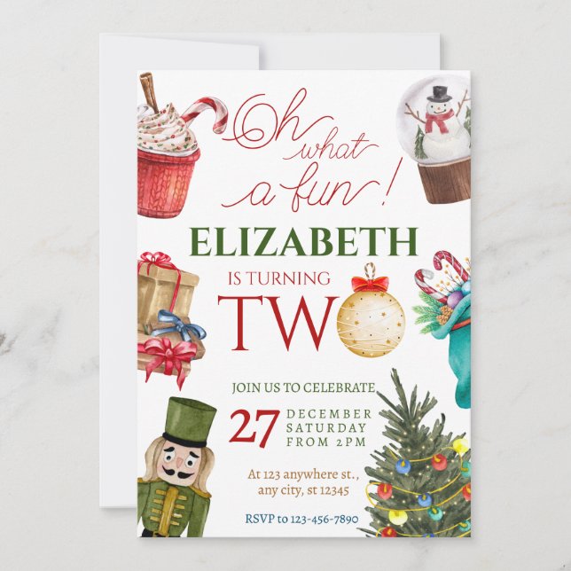 Christmas Oh What Fun 2nd Birthday Invitation (Front)