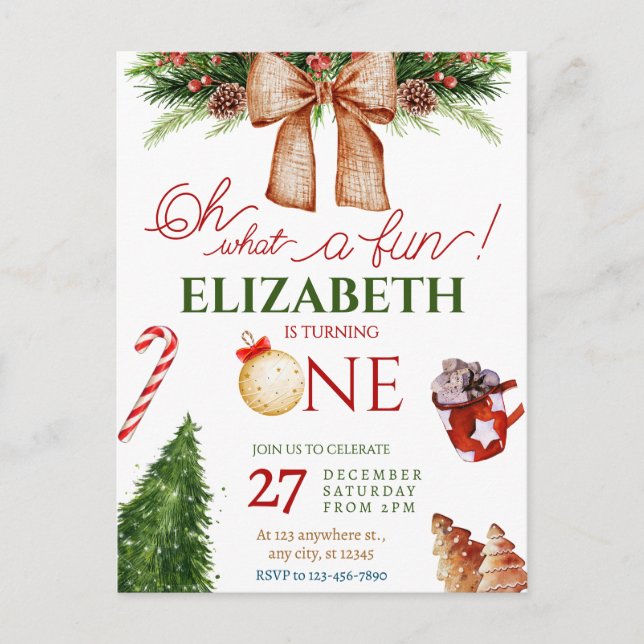 Christmas Oh What Fun First Birthday Invitation Postcard (Front)
