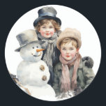 Christmas Old-fashion Children Snowman Watercolor  Classic Round Sticker<br><div class="desc">Christmas Old-fashion Children In Snow Watercolor Square Sticker</div>