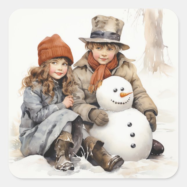 Christmas Old-fashion Children Snowman Watercolor  Square Sticker (Front)