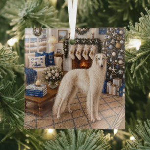 Christmas On Cape Cod ,Borzoi  Glass Ornament