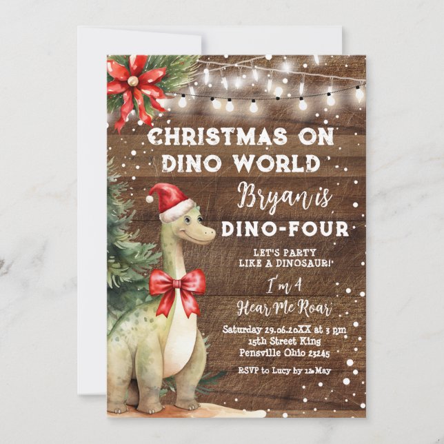 Christmas On Dino World Wood Dinosaur 4th Birthday Invitation (Front)