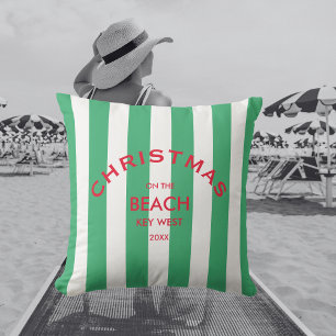 Christmas On The Beach Custom Green Cabana Stripe  Outdoor Pillow