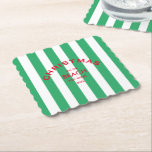 Christmas On The Beach Custom Green Cabana Stripe  Paper Coaster<br><div class="desc">These coasters are perfect for your Christmas parties, celebrations and gathering at your beach house or on the beach... Green cabana stripes with red custom beach logo. Personalize with the beach location and year. The perfect addition to your Christmas gatherings! Matching accessories available in the Christmas On The Beach Green...</div>