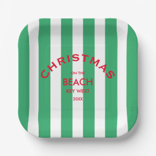 Christmas On The Beach Custom Green Cabana Stripe Paper Plate