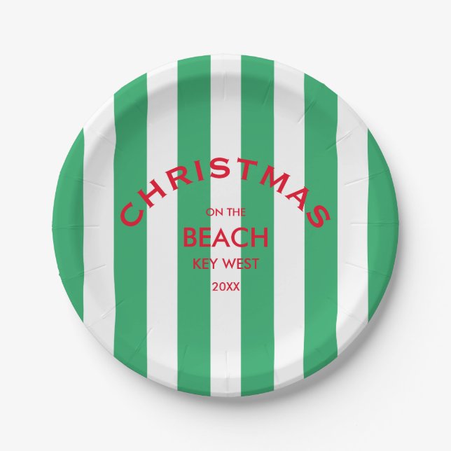 Christmas On The Beach Green Cabana Stripe  Paper Plate (Front)