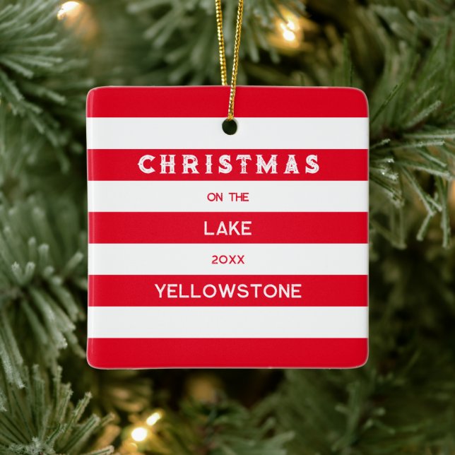 Christmas On The Lake Red Nautical Stripe Ceramic Ornament (Tree)
