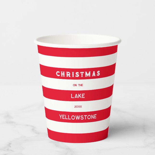 Christmas On The Lake Red Nautical Stripe Paper Cups (Back)