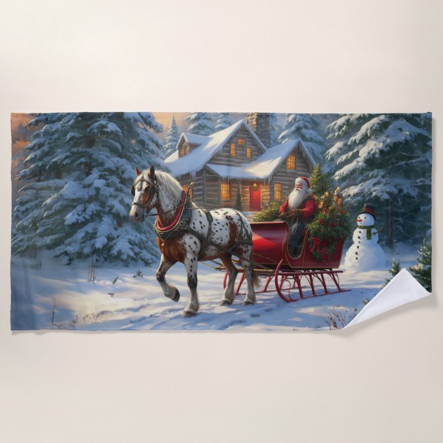 Christmas One-horse Sleigh Santa Beach Towel (Front)