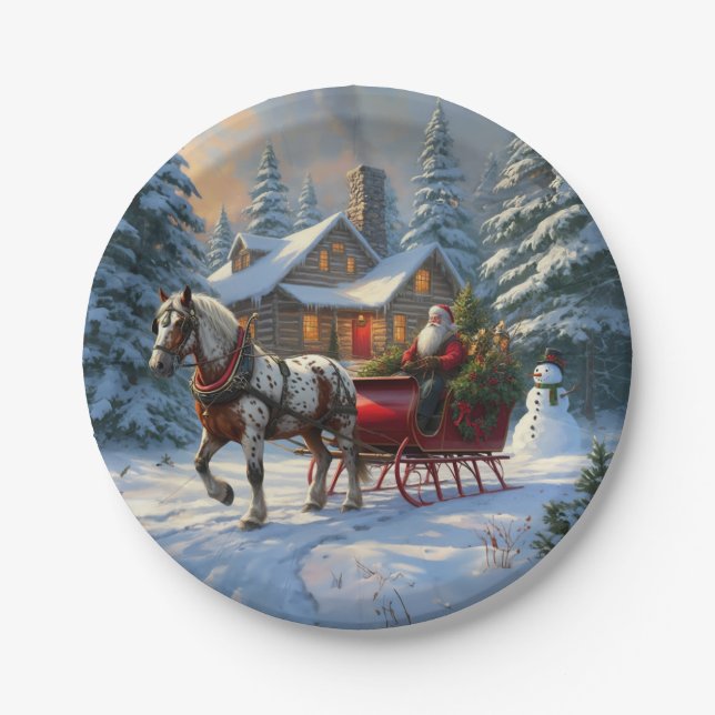 Christmas One-horse Sleigh Santa Paper Plate (Front)