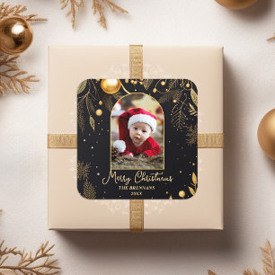 Christmas One Photo Gold Elegant Square Sticker