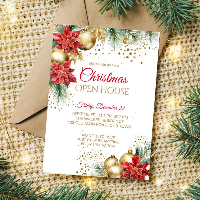 Christmas open house party red poinsettia gold invitation (Christmas open house template invitation watercolor red poinsettia gold baubles pines gold sprinkles)