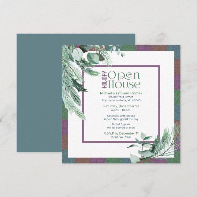 Christmas Open House Watercolor Foliage Modern Invitation (Front/Back)