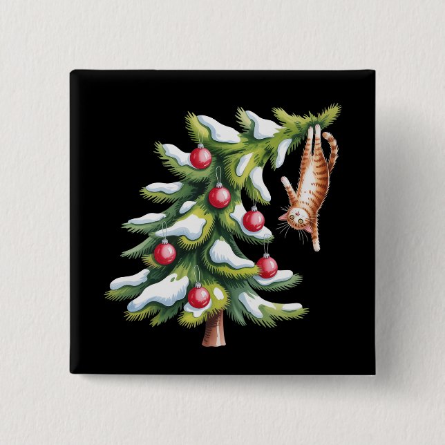 Christmas Orange Cat Tree Cats Lover Family Xmas 2 Inch Square Button (Front)