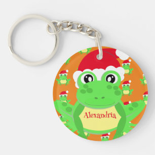 Christmas Orange Frog Santa Hat Pattern Novelty Keychain
