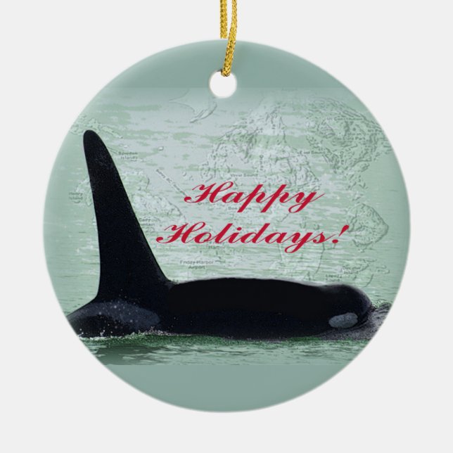 Christmas Orca San Juan Island Merry Christmas Ceramic Ornament (Front)