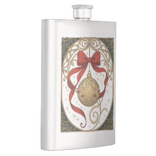 Christmas Ornament and Red Ribbon Art Nouveau Hip Flask