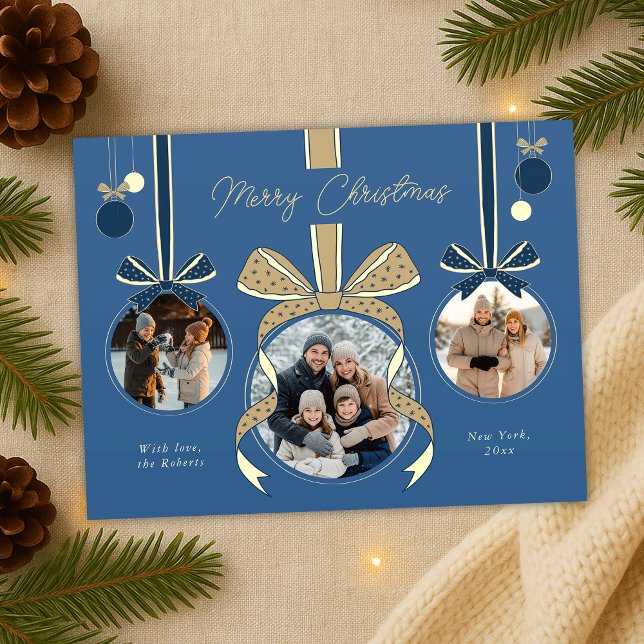 Christmas Ornament Ball Ball Ribbon Three Photos Postcard (elegant ribbons, bows and ball balls photo collage Christmas postcards in blue and beige)