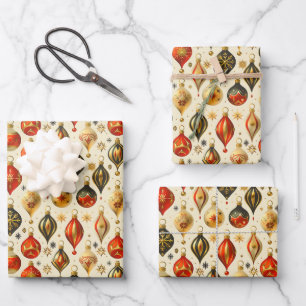 Christmas Ornament Colourful Gold Design Wrapping Paper Sheet