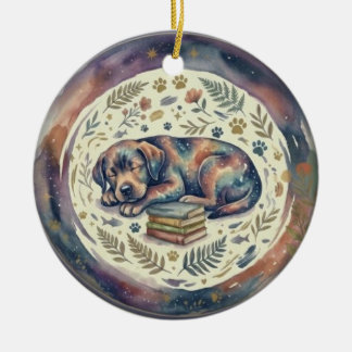 Christmas Ornament Dog Sleeping with Books