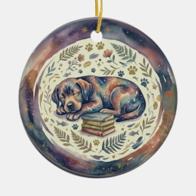 Christmas Ornament Dog Sleeping with Books (Front)