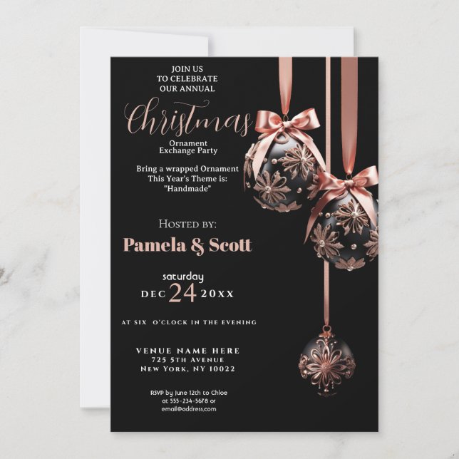 Christmas Ornament Exchange Pink and Black  Invitation (Front)