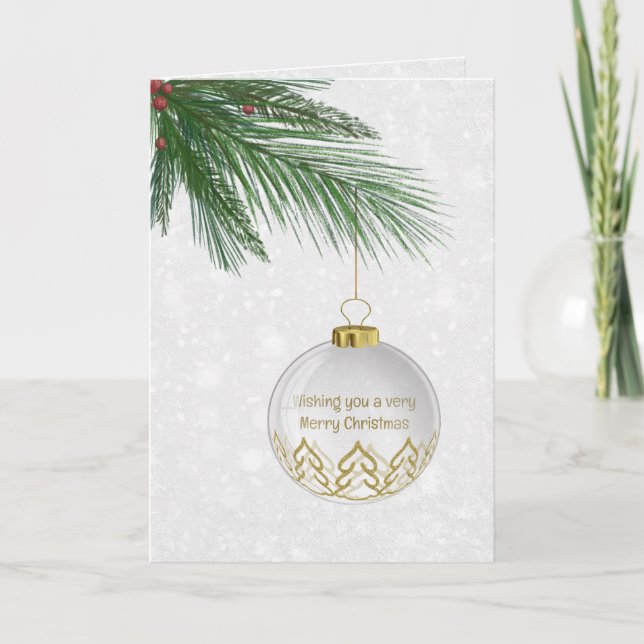 Christmas Ornament Hanging On Pine Holiday Card (Front)