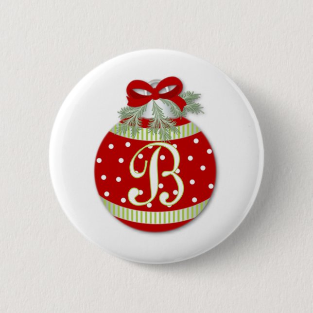 CHRISTMAS ORNAMENT INITIAL B 2 INCH ROUND BUTTON (Front)